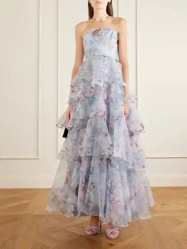 Aje Gabrielle Strapless Tiered Ruffled Floral-print Linen-blend Organza Gown | Thumbnail 2 Aje Gabrielle Strapless Tiered Ruffled Floral-print Linen-blend Organza Gown | Thumbnail 2