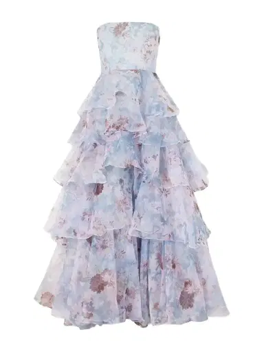 Aje Gabrielle Strapless Tiered Ruffled Floral-print Linen-blend Organza Gown | Thumbnail 1 Aje Gabrielle Strapless Tiered Ruffled Floral-print Linen-blend Organza Gown | Thumbnail 1