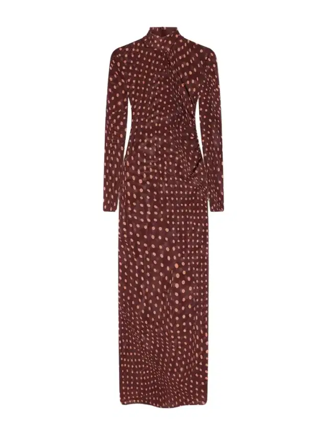 Ruched Polka-dot Mesh Midi Dress