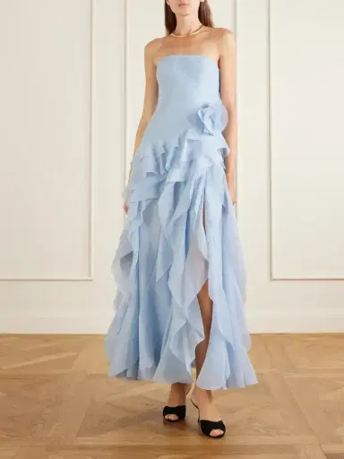 Aje Canyon Strapless Appliquéd Ruffled Pleated Chiffon Gown | Thumbnail 2 Aje Canyon Strapless Appliquéd Ruffled Pleated Chiffon Gown | Thumbnail 2