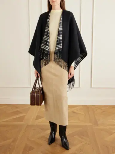 Burberry Reversible Fringed Checked Wool Cape | Thumbnail 2
