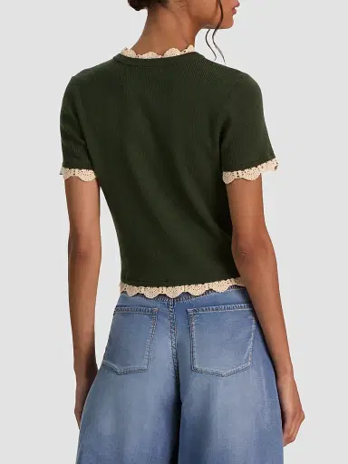 Alice + Olivia Women's Ciara Contrast Lace-Trim Cardigan - Dark Fern Natural - Size Large | Thumbnail 3