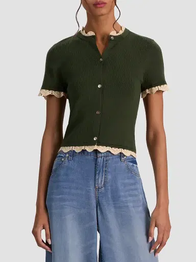 Alice + Olivia Women's Ciara Contrast Lace-Trim Cardigan - Dark Fern Natural - Size Large | Thumbnail 4