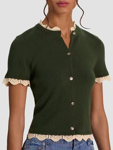 Alice + Olivia Women's Ciara Contrast Lace-Trim Cardigan - Dark Fern Natural - Size Large | Thumbnail 5
