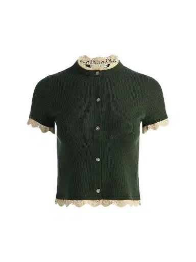 Alice + Olivia Women's Ciara Contrast Lace-Trim Cardigan - Dark Fern Natural - Size Large | Thumbnail 1