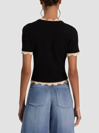 Alice + Olivia Women's Ciara Contrast Lace-Trim Cardigan - Black Natural - Size Large | Thumbnail 3