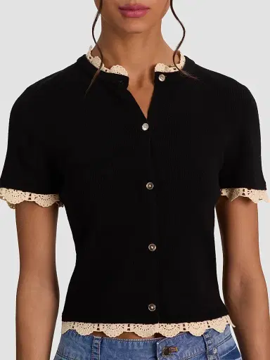 Alice + Olivia Women's Ciara Contrast Lace-Trim Cardigan - Black Natural - Size Large | Thumbnail 5