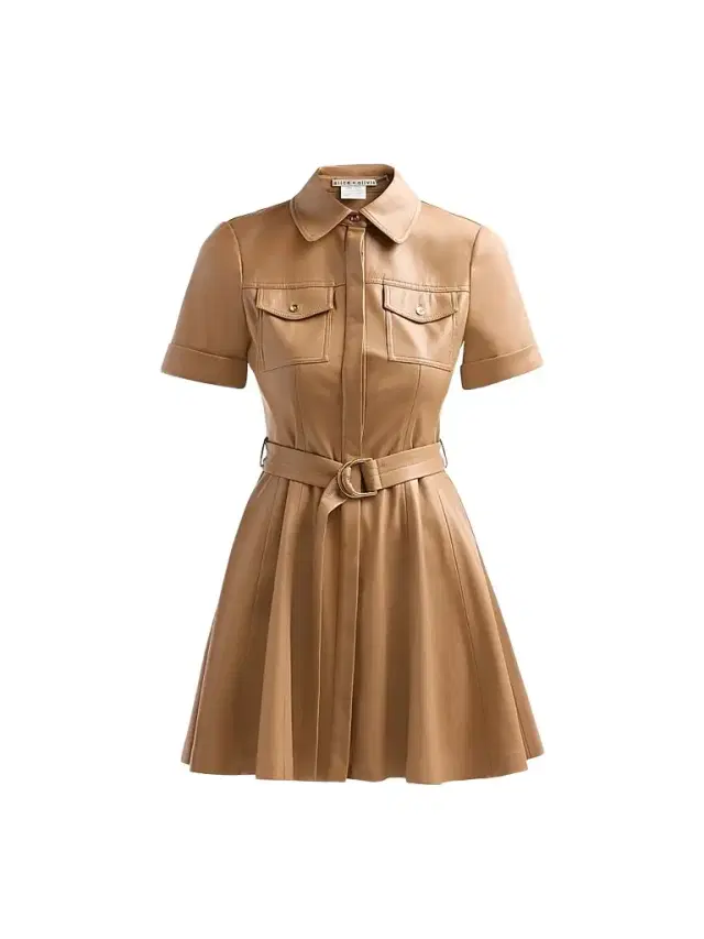 Women's Lucy Faux Leather Belted Mini Shirtdress - Tan