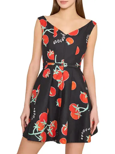 Milly Women's Peggy Off-The-Shoulder Tomato Print Minidress - Black Red - Size 12 | Thumbnail 3