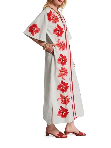 Frances Valentine Women's Charming Embroidered Striped Caftan-Style Maxi Dress - Light Blue Red - Size Large | Thumbnail 2