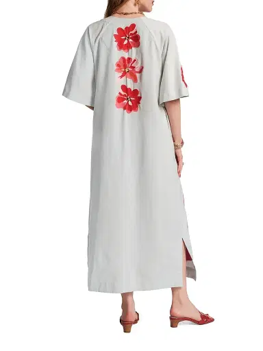 Frances Valentine Women's Charming Embroidered Striped Caftan-Style Maxi Dress - Light Blue Red - Size Large | Thumbnail 3
