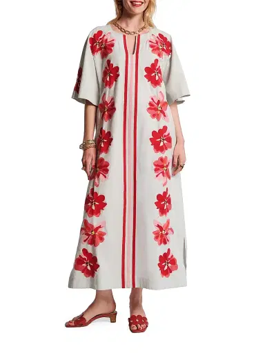Frances Valentine Women's Charming Embroidered Striped Caftan-Style Maxi Dress - Light Blue Red - Size Large | Thumbnail 1