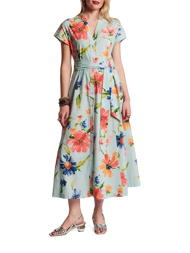 Frances Valentine Women's Eve Floral Tie-Waist Midi-Shirtdress - Light Blue Multi