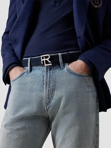 Ralph Lauren Purple Label Men's Stacked R-Buckle Suede Belt - Racing Navy - Size 42 | Thumbnail 2