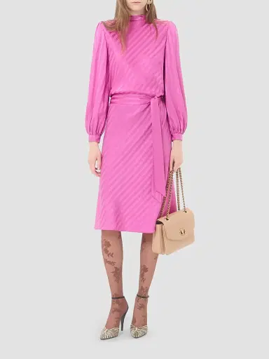 Valentino Garavani Women's Midi Dress in Shiny-Matte Jacquard with Logo-Stripe - Fuchsia | Thumbnail 2