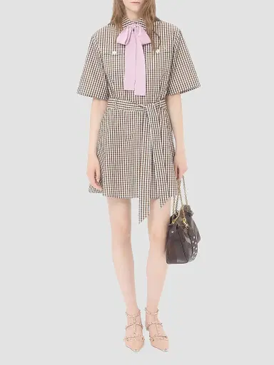 Valentino Garavani Women's Short Dress in Vichy Cotton - Chocolate Ivory - Size 8 | Thumbnail 2