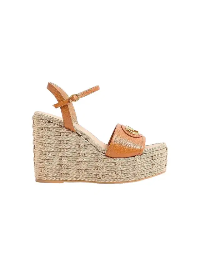 Valentino Garavani Women's VLogo Signature 120MM Wedge Sandals in Grainy Calfskin - Almond