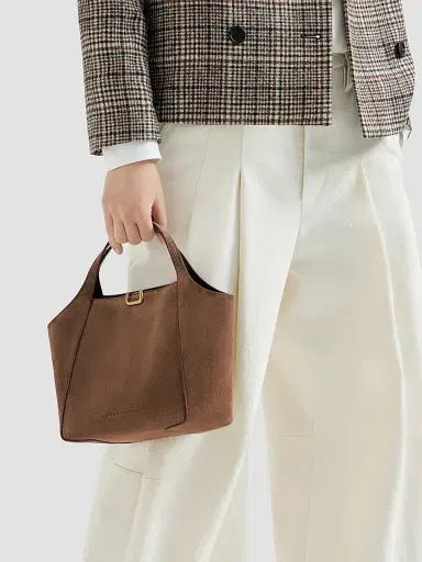 Brunello Cucinelli Women's Sartorial Small Bucket Bag in Suede - Caramel | Thumbnail 2