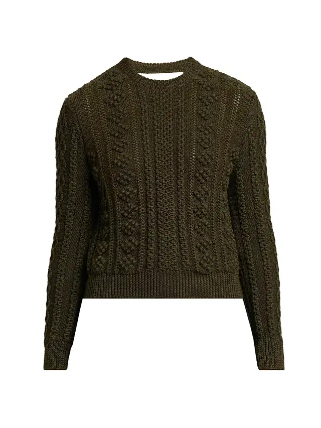 Women's Textured Wool Back-Cutout Crewneck Sweater - Thyme Green