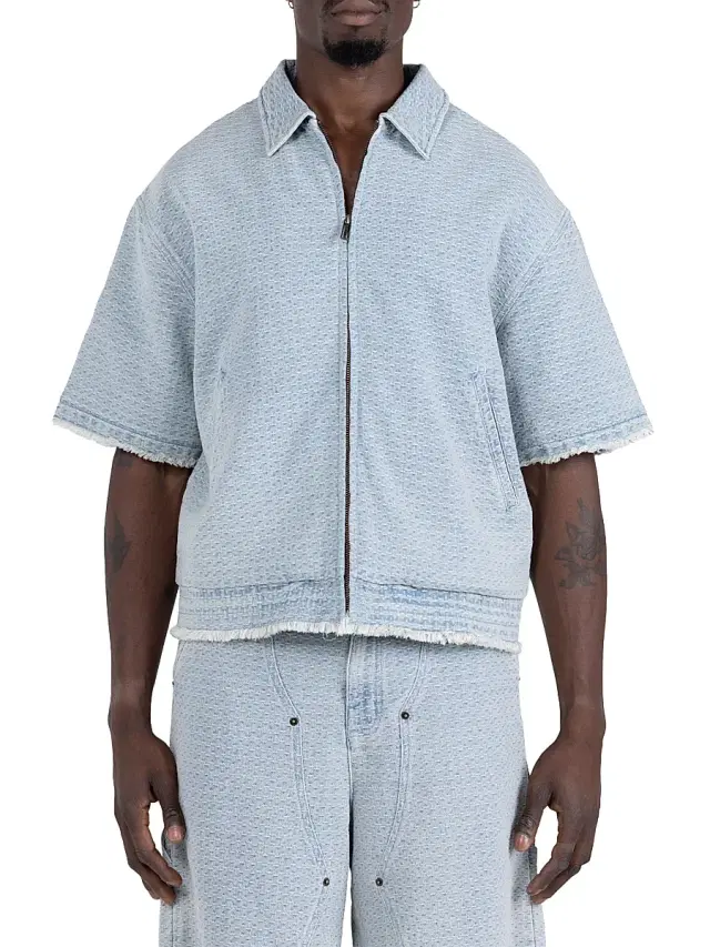 Honor The Gift Men's Drop Shoulder Cotton Denim Shirt - Light Indigo
