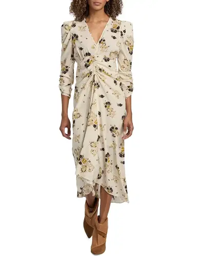 Isabel Marant Women's Albini Floral Silk Cinched Midi-Dress - Ecru | Thumbnail 2 Isabel Marant Women's Albini Floral Silk Cinched Midi-Dress - Ecru | Thumbnail 2