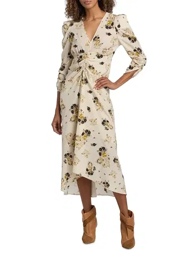Isabel Marant Women's Albini Floral Silk Cinched Midi-Dress - Ecru | Thumbnail 3 Isabel Marant Women's Albini Floral Silk Cinched Midi-Dress - Ecru | Thumbnail 3