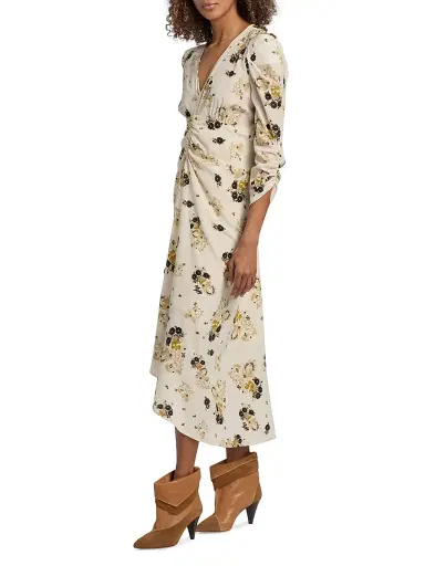 Isabel Marant Women's Albini Floral Silk Cinched Midi-Dress - Ecru | Thumbnail 4 Isabel Marant Women's Albini Floral Silk Cinched Midi-Dress - Ecru | Thumbnail 4