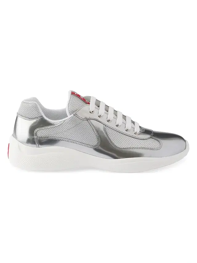 Prada Men's America's Cup Metallic Leather and Bike Fabric Sneakers - Silver