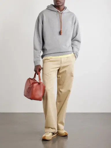 Loewe Anagram-Embroidered Leather-Trimmed Cotton-Fleece Hoodie - Men | Thumbnail 2 Loewe Anagram-Embroidered Leather-Trimmed Cotton-Fleece Hoodie - Men | Thumbnail 2