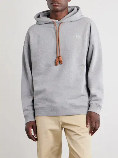 Loewe Anagram-Embroidered Leather-Trimmed Cotton-Fleece Hoodie - Men | Thumbnail 3 Loewe Anagram-Embroidered Leather-Trimmed Cotton-Fleece Hoodie - Men | Thumbnail 3