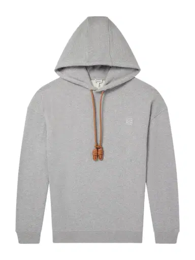Loewe Anagram-Embroidered Leather-Trimmed Cotton-Fleece Hoodie - Men | Thumbnail 1 Loewe Anagram-Embroidered Leather-Trimmed Cotton-Fleece Hoodie - Men | Thumbnail 1