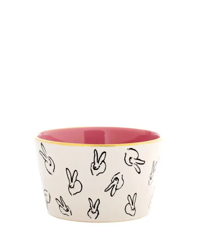 Hunt Slonem Bunny Bar Bowl in White with Pink Interior