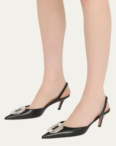 Amina Muaddi Camelia Leather Crystal Halter Pumps | Thumbnail 2