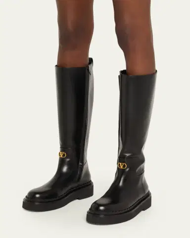 Valentino Garavani Vitello Brass VLogo Leather Knee-High Boots | Thumbnail 2