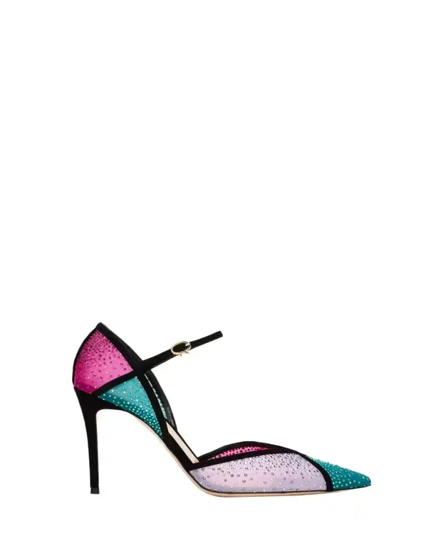 95mm Suede-Trimmed Crystal-Embellished Mesh Pumps