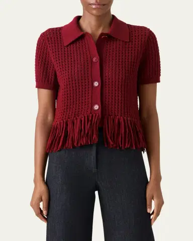 Akris punto Chunky Cotton Mesh Knit Fringed Collared Cardigan | Thumbnail 4 Akris punto Chunky Cotton Mesh Knit Fringed Collared Cardigan | Thumbnail 4