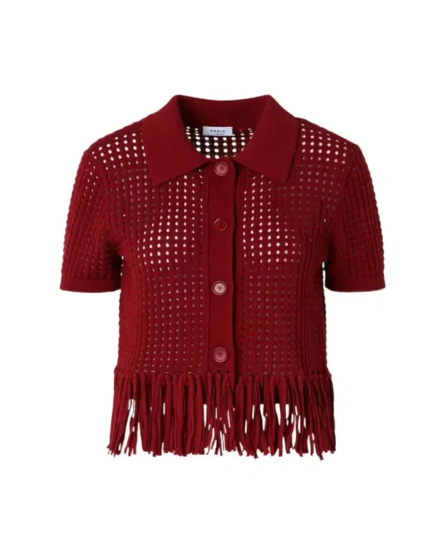 Chunky Cotton Mesh Knit Fringed Collared Cardigan