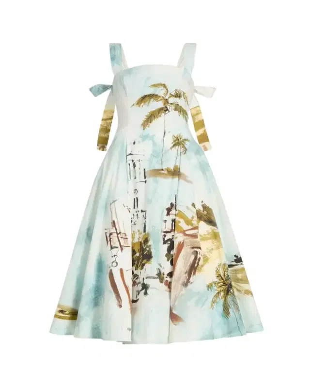 Oscar de la Renta Sleeveless Landscape-Print Poplin Midi Dress
