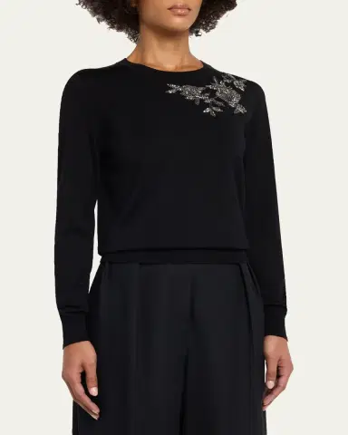 Carolina Herrera Flower Beaded Silk-Cotton Crewneck Sweater | Thumbnail 4