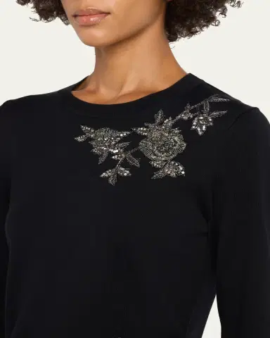 Carolina Herrera Flower Beaded Silk-Cotton Crewneck Sweater | Thumbnail 5