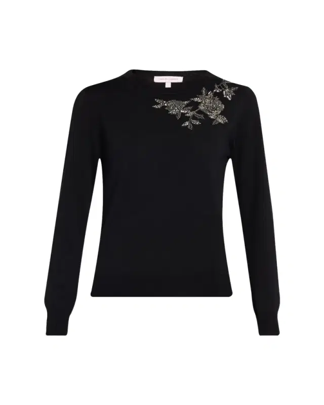 Carolina Herrera Flower Beaded Silk-Cotton Crewneck Sweater