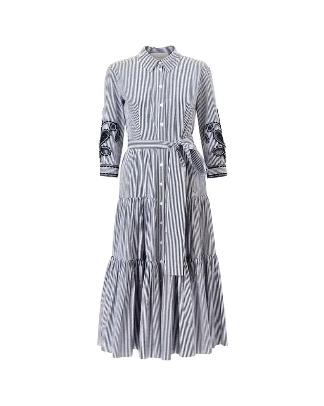 Paisley Embroidered 3/4-Sleeve Tiered Midi Shirtdress