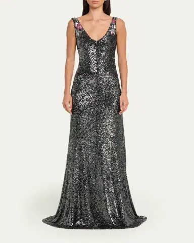 Naeem Khan Floral Applique Stretch Sequin V-Neck Gown | Thumbnail 2 Naeem Khan Floral Applique Stretch Sequin V-Neck Gown | Thumbnail 2