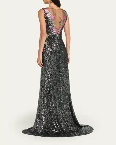 Naeem Khan Floral Applique Stretch Sequin V-Neck Gown | Thumbnail 3 Naeem Khan Floral Applique Stretch Sequin V-Neck Gown | Thumbnail 3