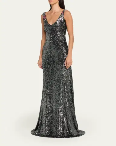 Naeem Khan Floral Applique Stretch Sequin V-Neck Gown | Thumbnail 4 Naeem Khan Floral Applique Stretch Sequin V-Neck Gown | Thumbnail 4