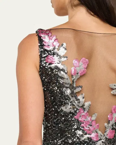 Naeem Khan Floral Applique Stretch Sequin V-Neck Gown | Thumbnail 5 Naeem Khan Floral Applique Stretch Sequin V-Neck Gown | Thumbnail 5