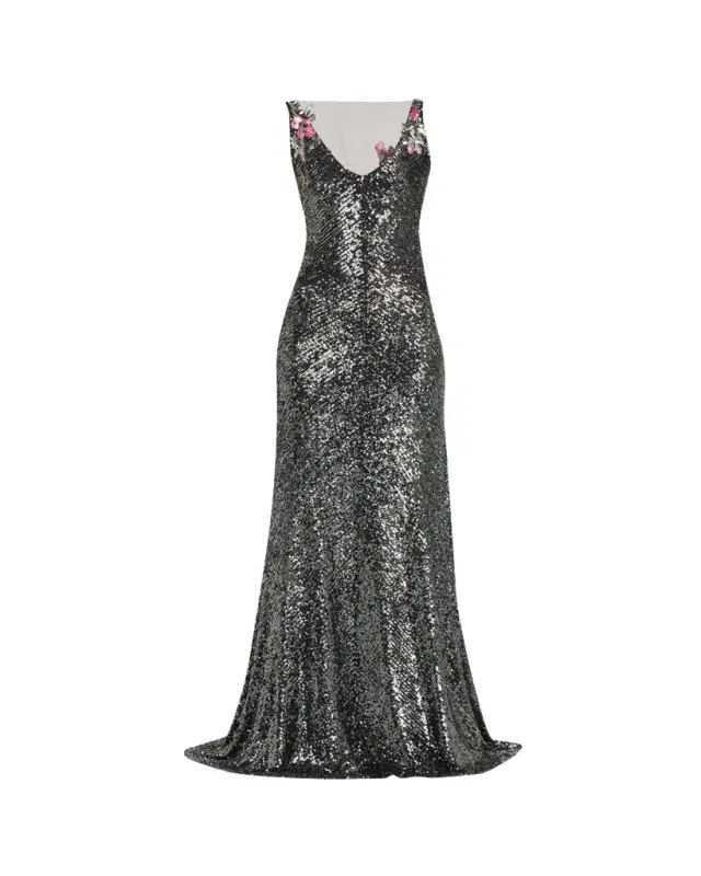 Floral Applique Stretch Sequin V-Neck Gown