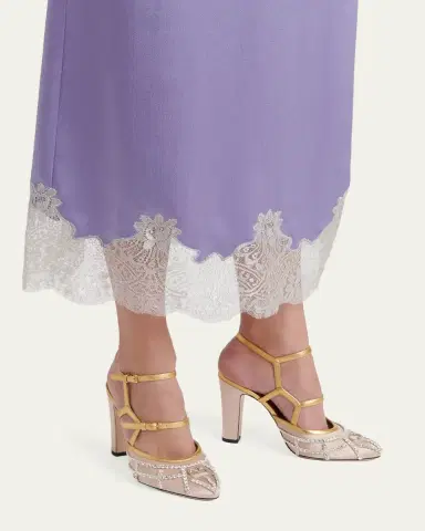 Valentino Garavani 100mm VLogo Embellished Satin and Metallic Leather Pumps | Thumbnail 2 Valentino Garavani 100mm VLogo Embellished Satin and Metallic Leather Pumps | Thumbnail 2
