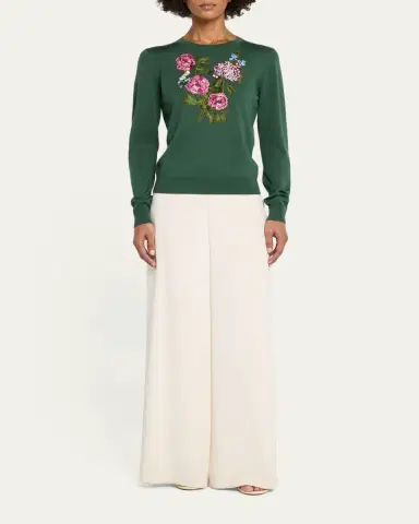 Carolina Herrera Floral Embroidered Silk-Cotton Crewneck Sweater | Thumbnail 2