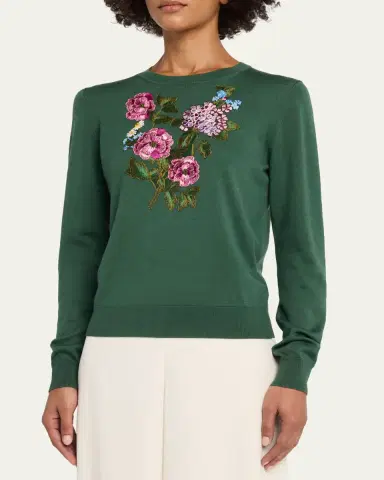 Carolina Herrera Floral Embroidered Silk-Cotton Crewneck Sweater | Thumbnail 4